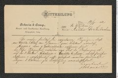 Nachlass Franz Steindachner, Mitteilung von Artaria & Comp., Kunst- und Landkarten-Handlung, Kartographischer Verlag an Franz Steindachner (19.08.1882), Inv.Nr. 16.01, Seite 1
